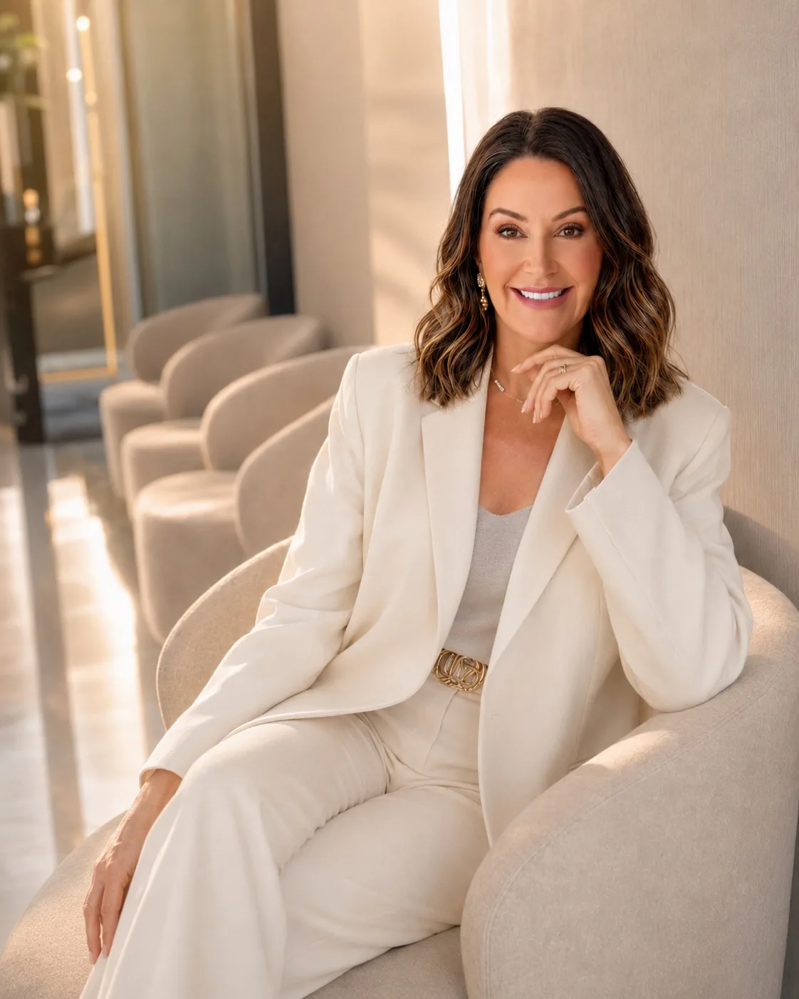 Dra. Márcia Donadussi, dermatologista, de jaleco branco em retrato editorial